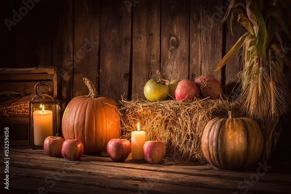Obraz Harvest still life with pumpkins and warm candlelight