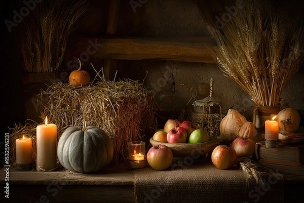 Obraz Harvest still life with pumpkins and warm candlelight