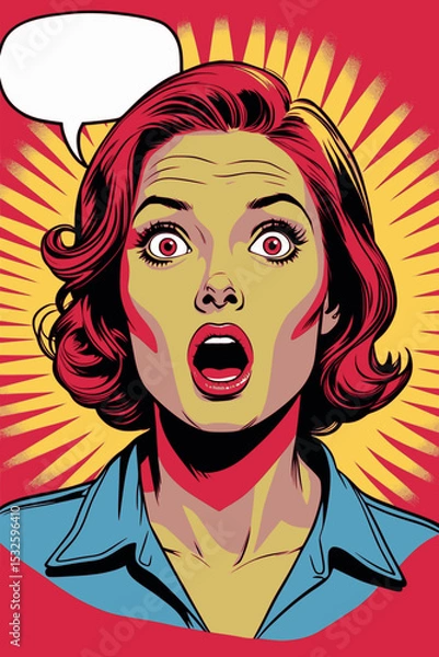Obraz Surprised woman portrait in pop art comic style. Red-yellow vector design