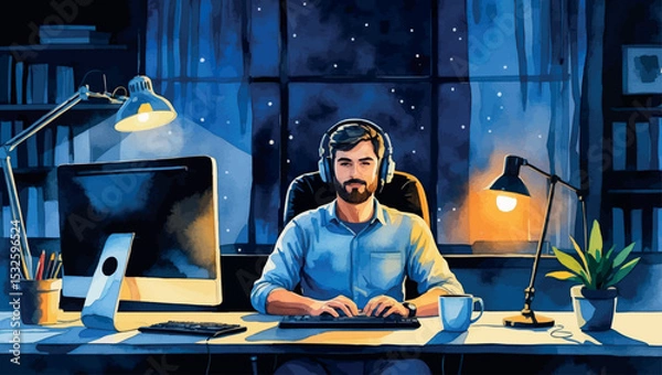 Fototapeta Night coder at desk. Watercolor vector of programmer with glowing screen isolated illustration.