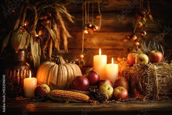 Obraz Harvest still life with pumpkins and warm candlelight