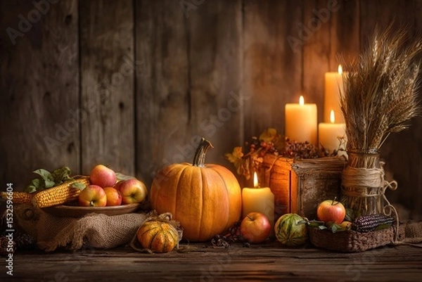Obraz Harvest still life with pumpkins and warm candlelight