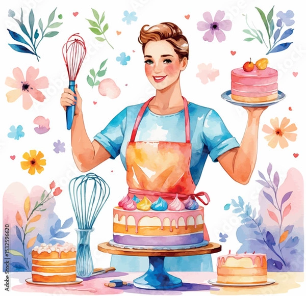 Obraz Baker decorating cake. Watercolor vector of sweet pastry work scene isolated illustration.