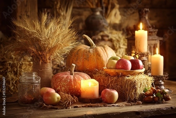 Obraz Harvest still life with pumpkins and warm candlelight