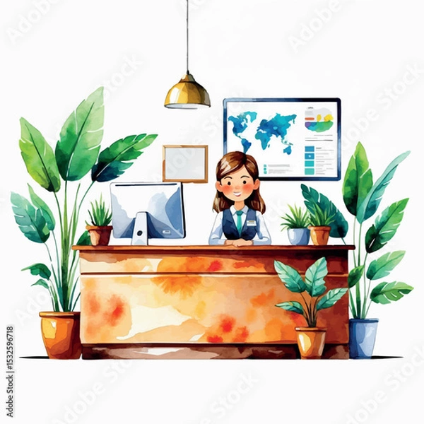 Obraz Receptionist at work watercolor. Vector scene with desk and visitor greeting isolated.