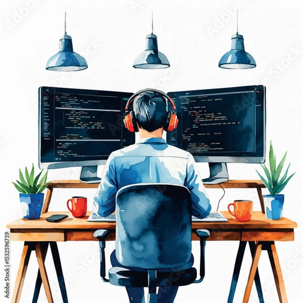 Obraz Software developer working. Watercolor vector with code and dual monitors isolated scene.