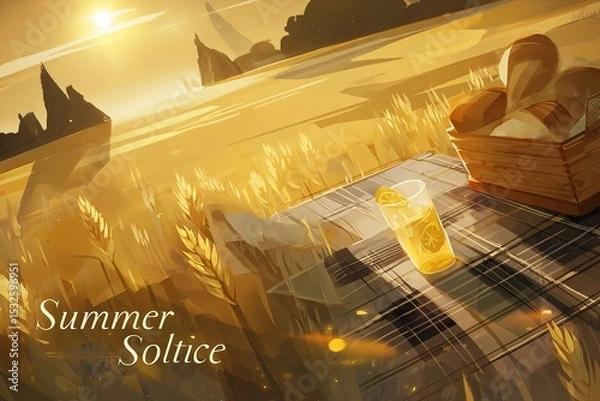 Obraz Golden Summer Solstice scene with picnic and wheat fields

