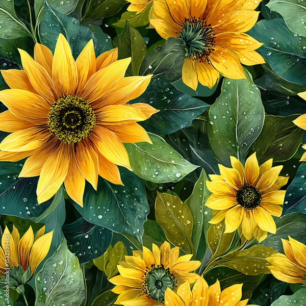 Fototapeta A vibrant seamless floral pattern featuring bold yellow sunflowers and rich green leaves in a glossy, airbrushed style on a dark artistic background. Perfect for fabric prints, home decor, packaging, 