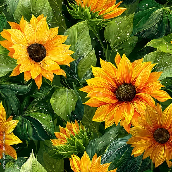 Fototapeta A vibrant seamless floral pattern featuring bold yellow sunflowers and rich green leaves in a glossy, airbrushed style on a dark artistic background. Perfect for fabric prints, home decor, packaging, 
