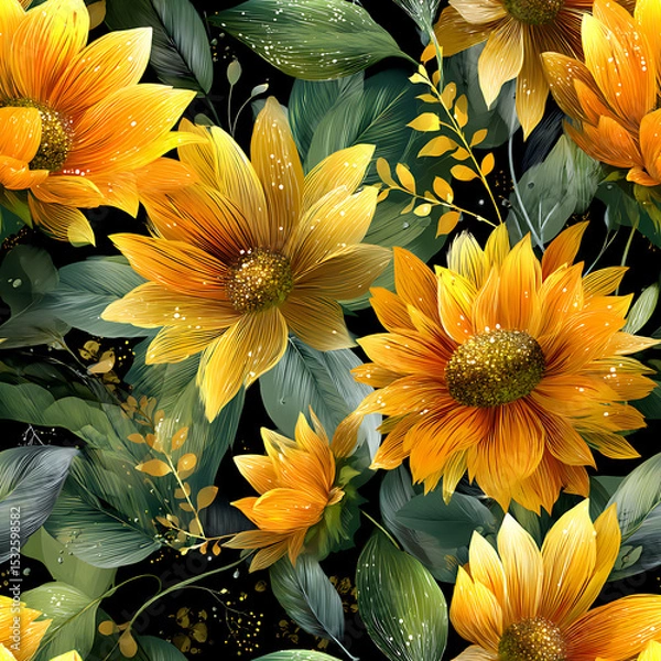 Fototapeta A vibrant seamless floral pattern featuring bold yellow sunflowers and rich green leaves in a glossy, airbrushed style on a dark artistic background. Perfect for fabric prints, home decor, packaging, 