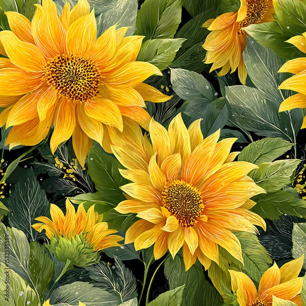 Fototapeta A vibrant seamless floral pattern featuring bold yellow sunflowers and rich green leaves in a glossy, airbrushed style on a dark artistic background. Perfect for fabric prints, home decor, packaging, 