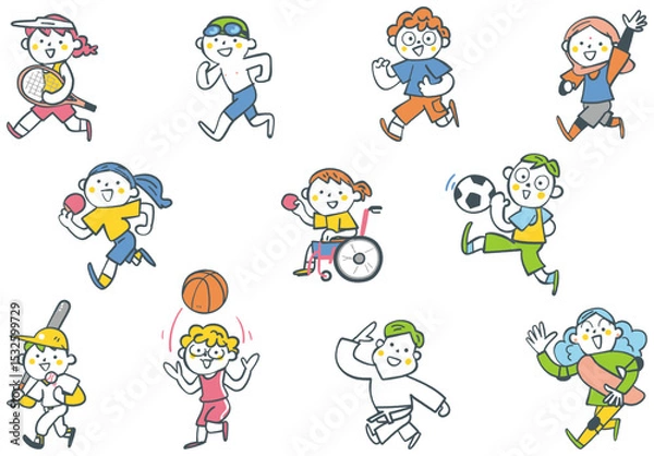 Obraz 様々なスポーツに励む小学生たち　セットのストックイラスト素材

