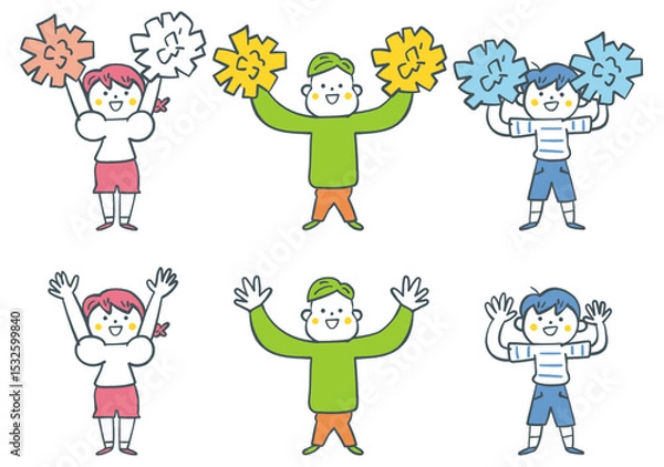 Fototapeta 万歳する小学生とポンポンを振って応援する小学生　セットのストックイラスト素材
