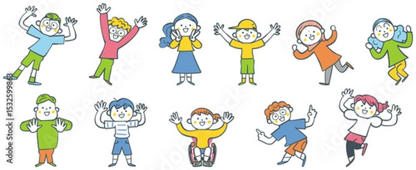 Obraz 万歳する小学生たち　セットのストックイラスト素材
