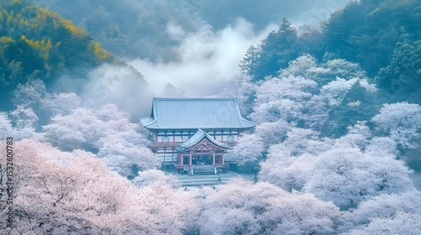 Obraz A serene temple nestled amidst a sea of cherry blossoms.