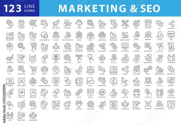 Fototapeta Collection of 120 Outline Style Black and White Vector Icons for Marketing and SEO