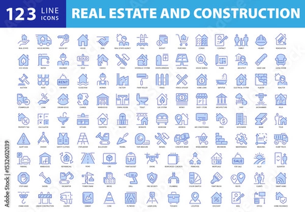 Fototapeta Collection of 120 Outline Style Blue Colored Vector Icons for Real Estate and Construction