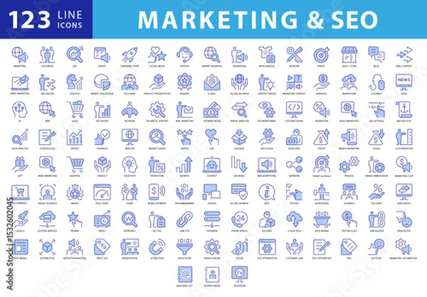 Fototapeta Collection of 120 Outline Style Blue Colored Vector Icons for Marketing and SEO