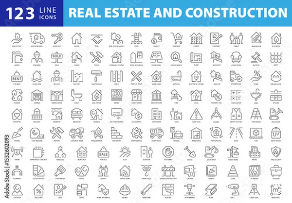 Fototapeta Collection of 120 Outline Style Black and White Vector Icons for Real Estate and Construction