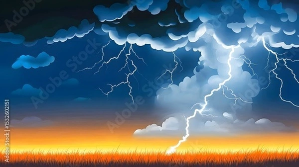 Obraz Dramatic thunderstorm over a field at sunset.