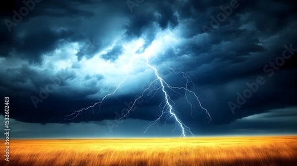 Obraz Dramatic lightning storm over a golden field.