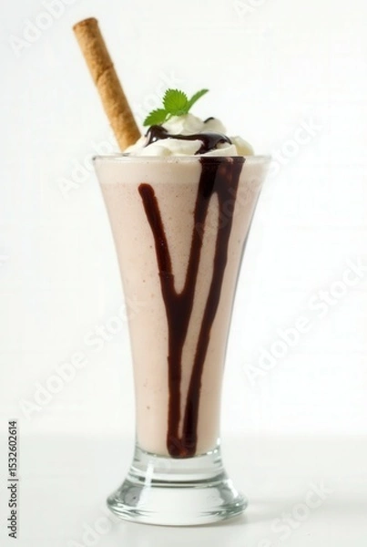 Obraz Delectable Delight: A tantalizing view of a chocolate milkshake, generously adorned with whipped cream, mint garnish, and a crispy straw, beckoning refreshment and pure indulgence.