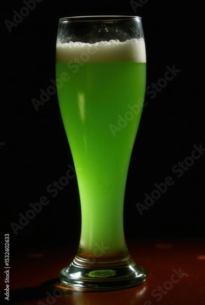 Obraz Emerald Elixir: A tall, elegant glass presents a vibrant green liquid, topped with a frothy white head, evoking a sense of refreshing indulgence, captured against a warm, dark background.