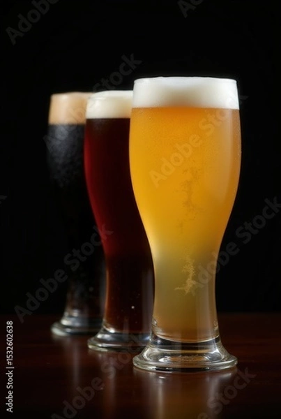 Obraz Assorted Craft Beer Selection: Three glasses showcasing a diverse range of craft beer styles, from a light ale to a dark stout, lined up against a sleek backdrop.