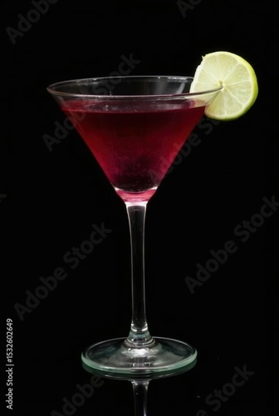 Obraz Cosmopolitan Cocktail: A vibrant Cosmopolitan cocktail, garnished with a lime wedge, sits elegantly in a martini glass against a dramatic black background.