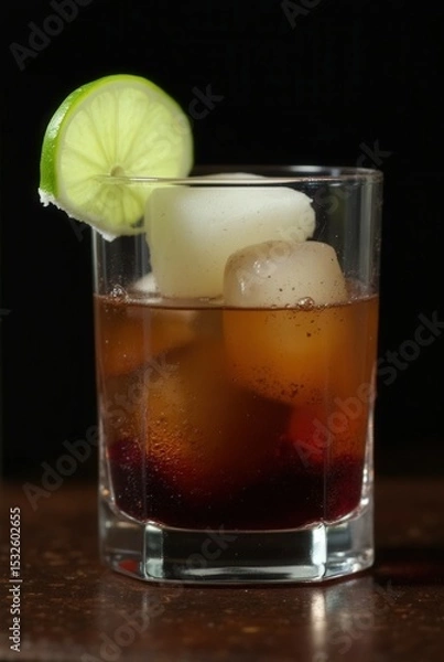 Obraz A refreshing cocktail with ice cubes and a lime wedge: A close-up captures the vibrant essence of a meticulously crafted cocktail, featuring crystal-clear ice cubes and a zesty lime wedge.