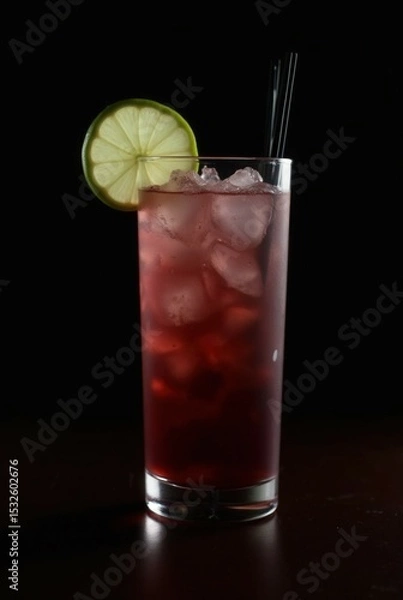 Obraz Refreshing Berry Cocktail: A tall, elegant glass filled with a vibrant, ruby-red berry cocktail, garnished with a slice of lime and served with elegant black straws.