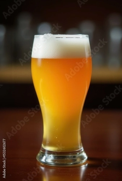 Obraz Pale Ale in Tulip Glass: A refreshing pale ale, showcasing its golden hue and fluffy head in a classic tulip glass, sits on a dark wood bar top.