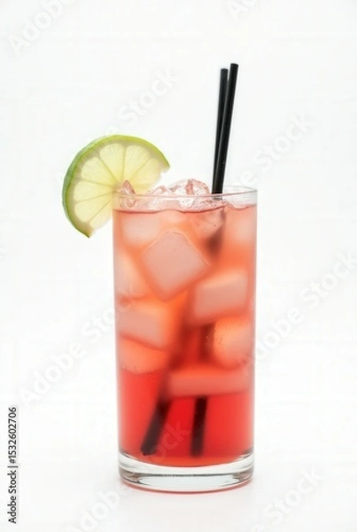 Obraz Refreshing Berry Cooler: An inviting image showcasing a vibrant, ruby-red berry cooler, complete with ice cubes, lime garnish, and dark straws, promising a taste of summer refreshment. 