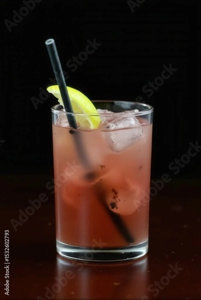 Obraz Crimson Cocktail: A refreshing crimson cocktail glistens in a glass filled with ice, garnished with a lime and black straw, capturing the essence of a perfect beverage.