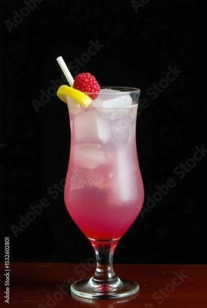 Obraz Raspberry Bliss Cocktail: A vibrant cocktail, elegantly presented, features a blend of refreshing ice and a lively raspberry, complemented by a subtle slice of lemon.