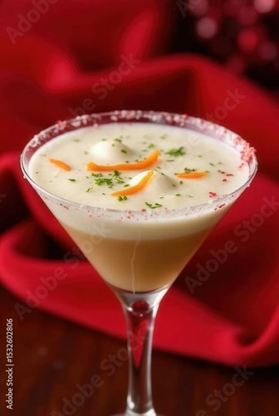Obraz Festive Cocktail: An elegant cocktail, garnished with a festive orange peel and a sprinkle of spice, sits on a smooth red background
