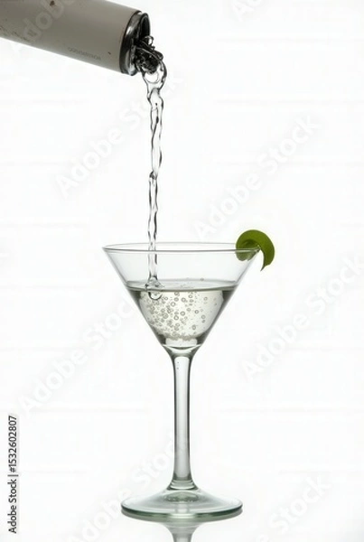 Obraz Pouring Perfection: Capture the elegant flow of clear liquid cascading into a pristine martini glass, a wedge of lime adding a final flourish, ready for a perfect sip.