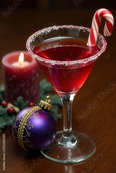 Obraz Festive Cocktail: A beautifully crafted cocktail, garnished with a candy cane, alongside a lit candle and a Christmas ornament, inviting warmth and holiday cheer.