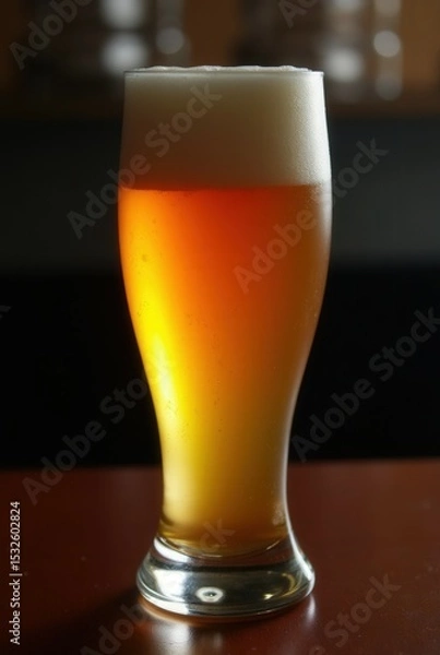 Obraz Amber Ale in Tulip Glass: A refreshing amber ale, exhibiting a rich, golden hue and a thick, creamy head, rests in a classic tulip glass on a dark wooden surface.