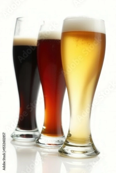 Obraz Beer Flight: A trio of beer styles in tall glasses, showcasing a dark beer, a red beer, and a light beer, presents a delightful visual for beer lovers and craft brew enthusiasts.