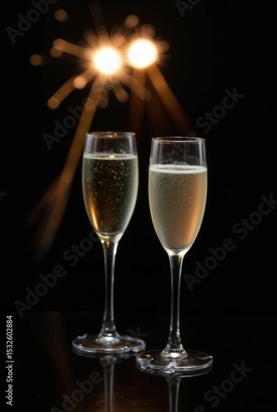 Obraz Sparkling Toast: Two elegant champagne glasses, filled with effervescent bubbly, are set against a dark backdrop. The sparkler lights add a festive touch to this celebratory still life.
