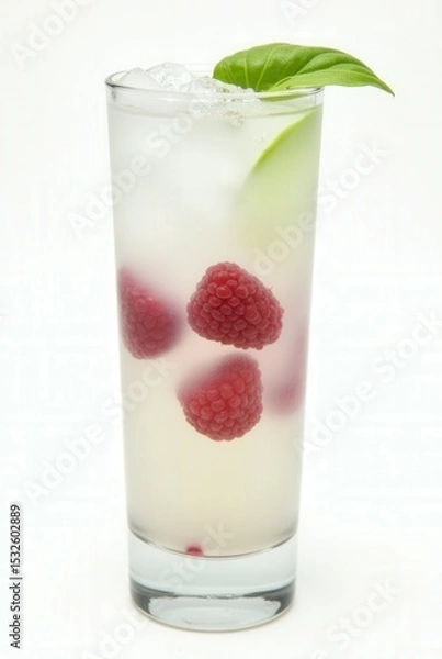 Obraz Refreshing Raspberry and Basil Delight: A beautifully composed photo of a vibrant cocktail, with fresh raspberries, a green apple slice and a basil leaf, all harmoniously arranged.