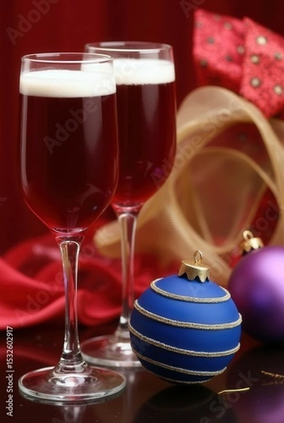 Obraz Festive Cheers: Two elegant champagne flutes filled with a ruby-red liquid, set against a backdrop of holiday ornaments and decorations, evoking warmth and celebratory mood.