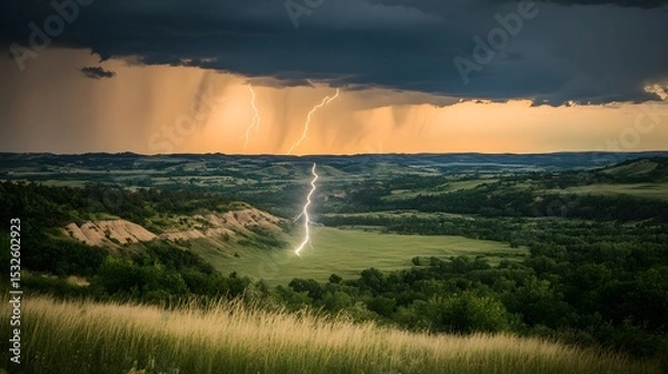 Obraz Lightning storm over a valley landscape.