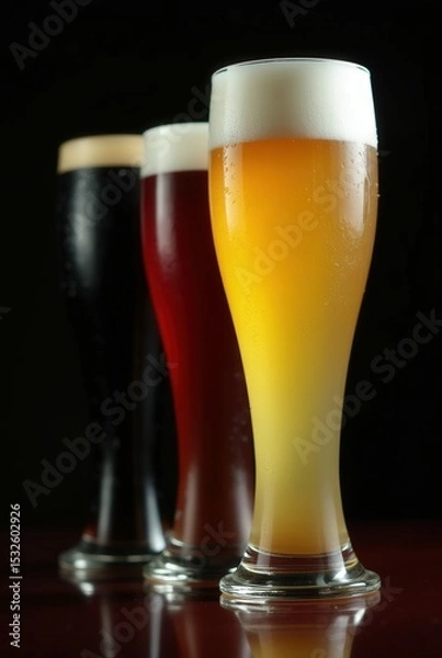 Obraz Trio of Craft Brews: Capturing the essence of refreshment, a trio of craft beers, each with a unique hue, stand tall in elegant glassware against a dark backdrop. A tribute to artisanal brewing.