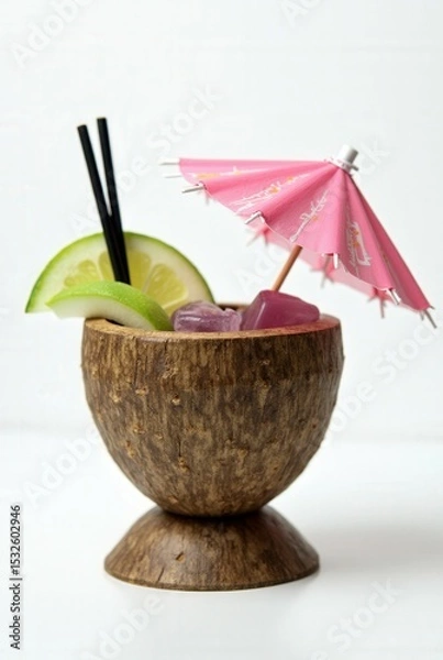 Obraz Tropical Coconut Cocktail Delight: This refreshing cocktail is served in a carved coconut shell, adorned with a slice of lime, ice cubes, and a miniature parasol, an invitation to unwind in paradise.
