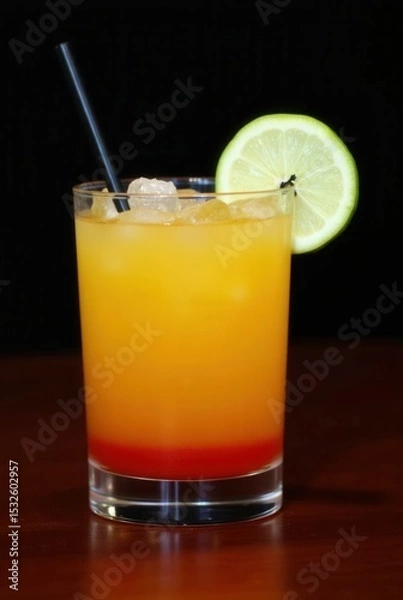 Obraz Tequila Sunrise Cocktail: A refreshing Tequila Sunrise cocktail in a rocks glass, garnished with a lime wedge. The vibrant layers of orange and red create a visually appealing drink.