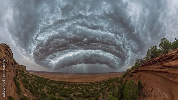 Obraz Dramatic storm clouds over a vast desert landscape.