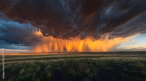 Obraz Dramatic sunset over a vast plain during a storm.