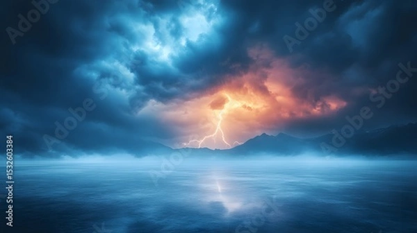 Obraz Dramatic lightning storm over a still lake.